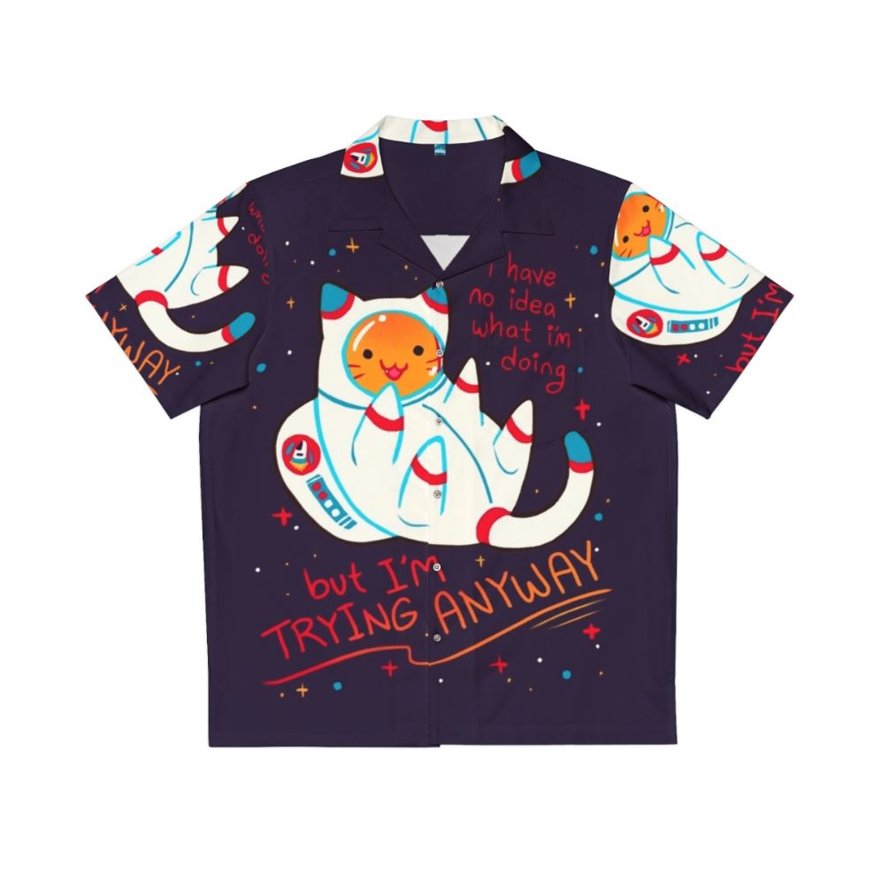 Cat astronaut wearing a Hawaiian-style shirt with positive affirmation