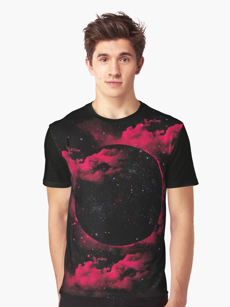 A stylish black t-shirt featuring a graphic design of a mesmerizing black hole in space, surrounded by stars and cosmic elements. - Men