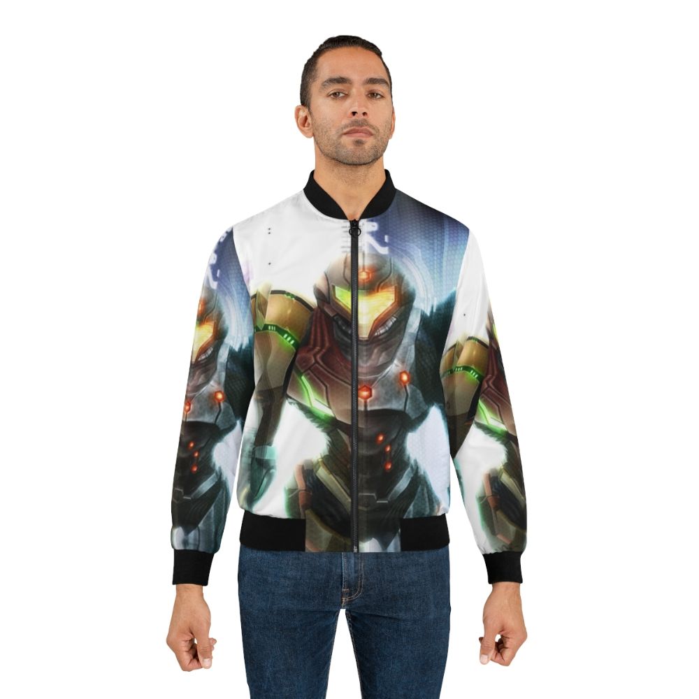 Metroid inspired bomber jacket featuring Samus Aran and futuristic space elements - Lifestyle