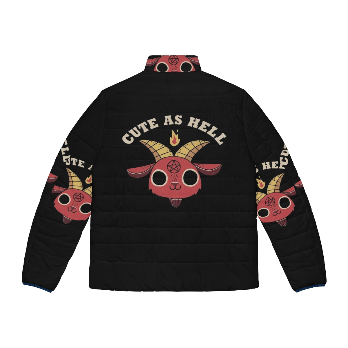 Retro-inspired puffer jacket with a cute devil/demon character design - Back