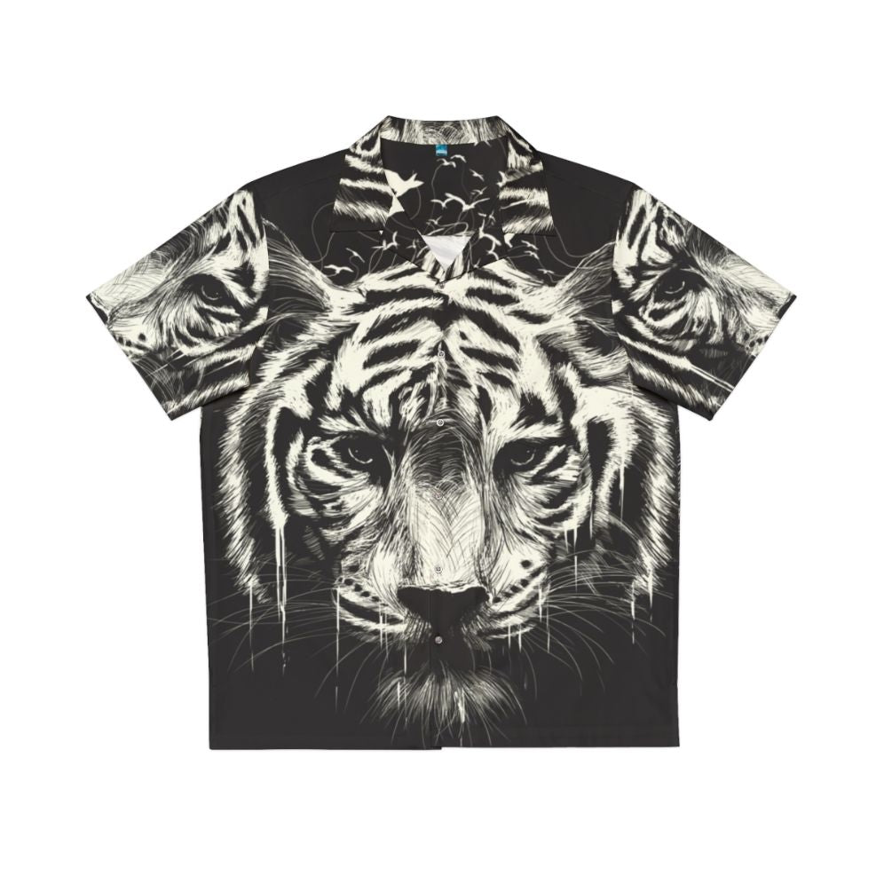 Interconnected Hawaiian Shirt featuring photorealistic tiger and bird graphics