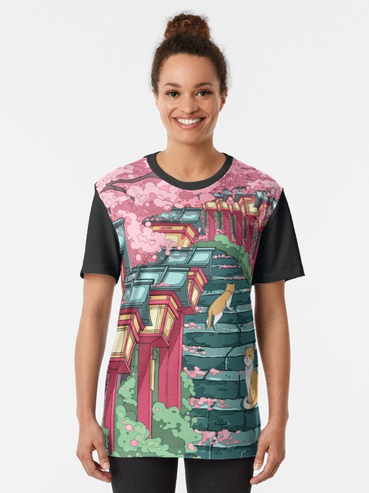 Graphic t-shirt design featuring a Japanese shrine, pink sakura blossoms, and a cute cat - Women