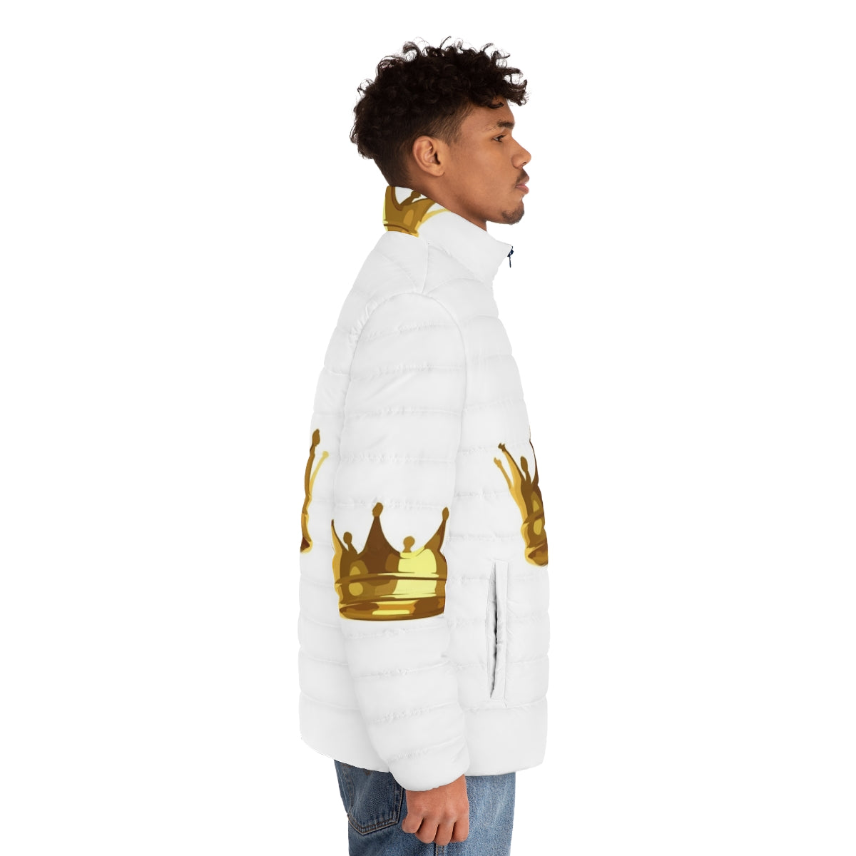 A golden puffer jacket with a regal crown design - men side right