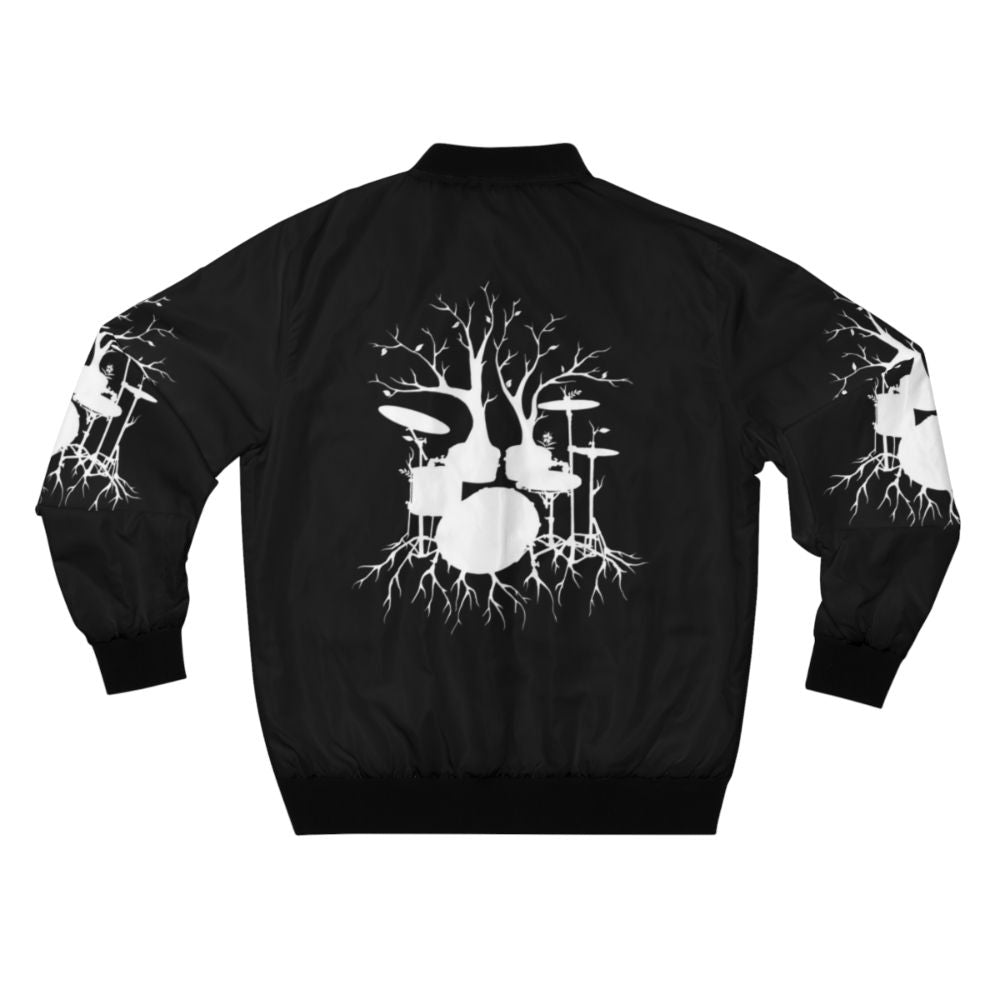 Drum tree silhouette design on a bomber jacket, featuring a surreal and symbolic tree-shaped drum set - Back