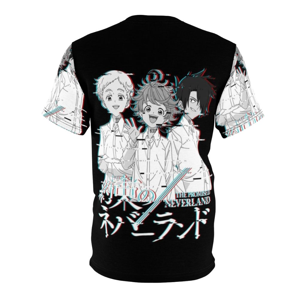 Neverland-inspired glitch design t-shirt featuring characters from the anime/manga series The Promised Neverland - Back