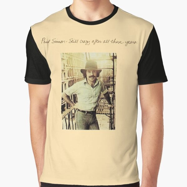 Vintage-inspired graphic t-shirt featuring the lyrics "Still Crazy After All These Years" by Paul Simon