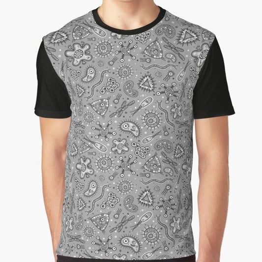 Cartoon illustration of microscopic microbes, germs, and bacteria in gray color on a t-shirt.