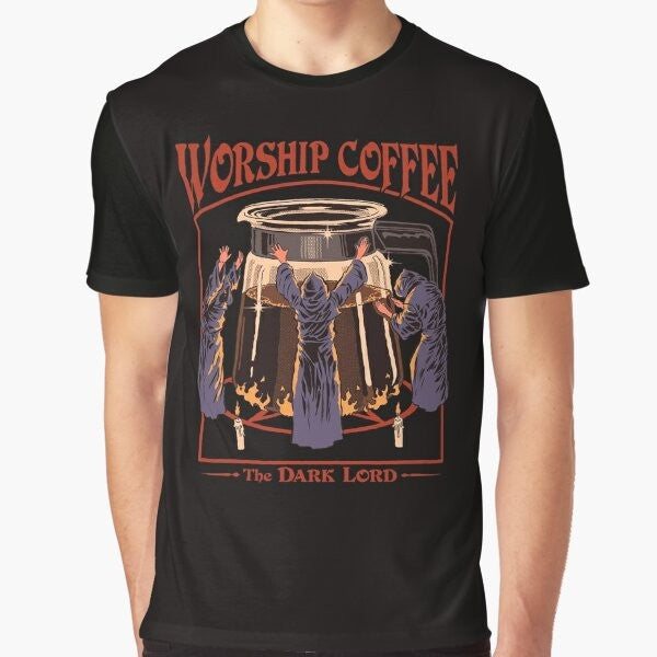 Vintage-style "Worship Coffee" graphic t-shirt design featuring a cult-like coffee ritual