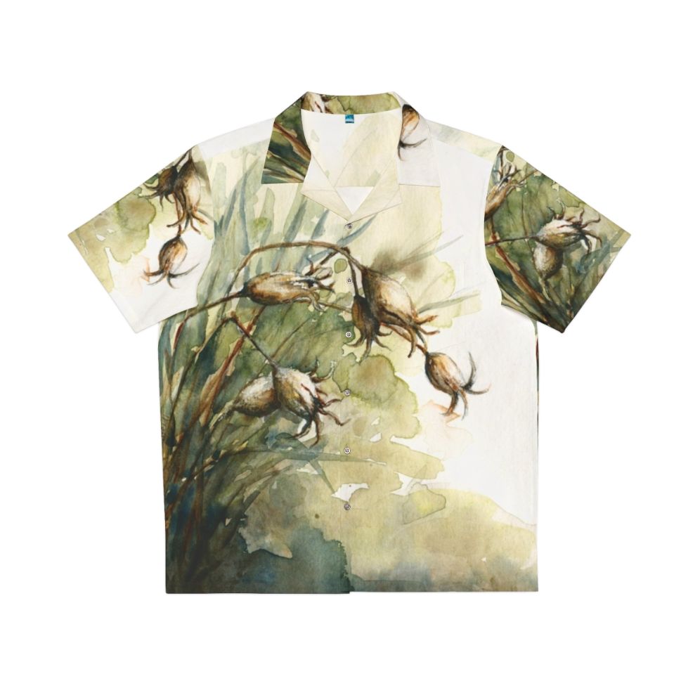 Colorful Hawaiian shirt featuring a botanical print of summer seedpods