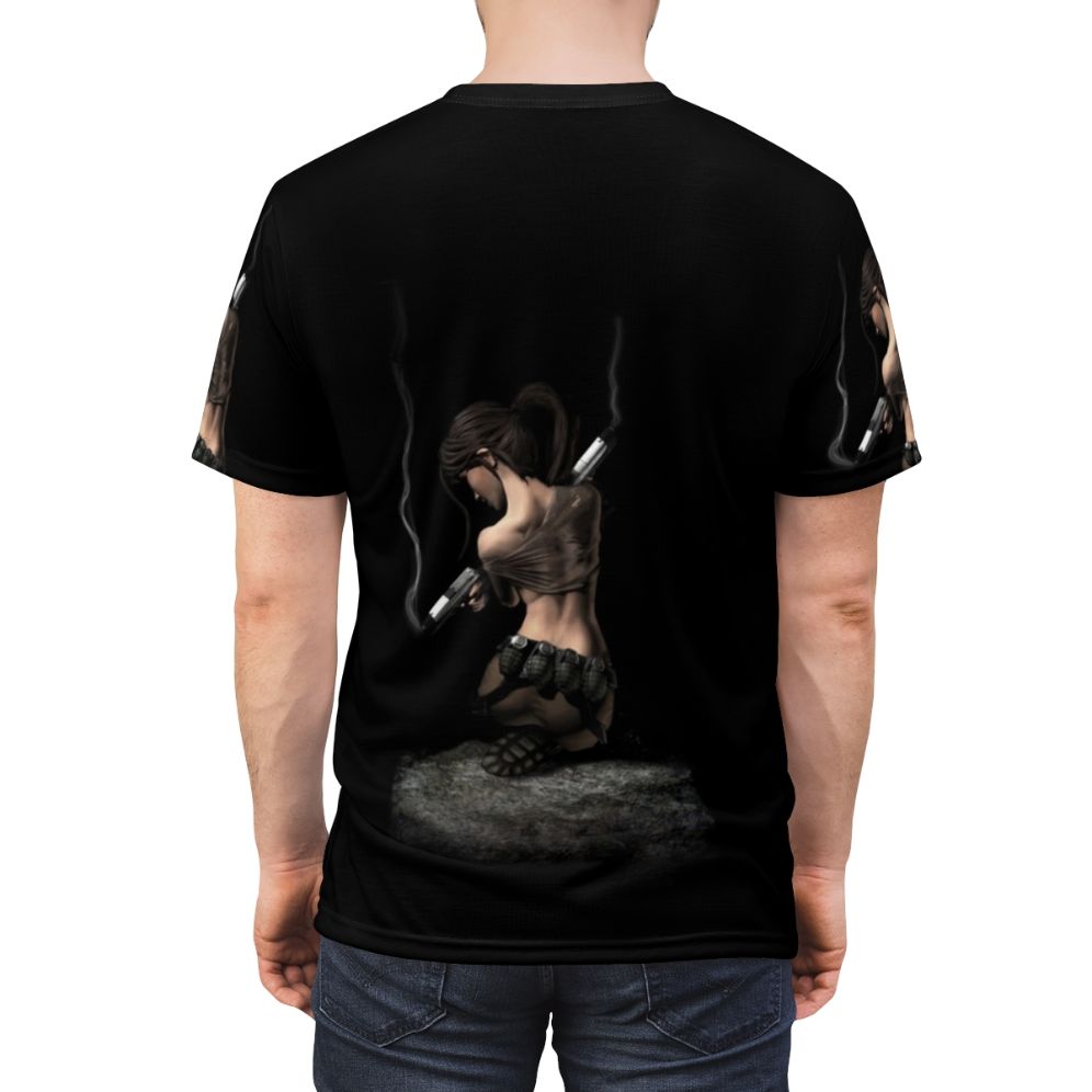 Adventure-inspired graphic tee featuring Lara Croft-style silhouette and tomb raider-themed design - men back