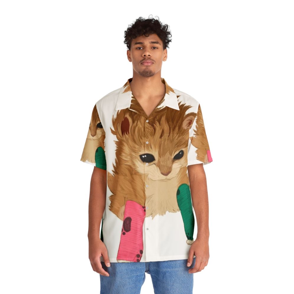 Vibrant bonkers Hawaiian shirt with tater tot and kitty crusaide design - People Front