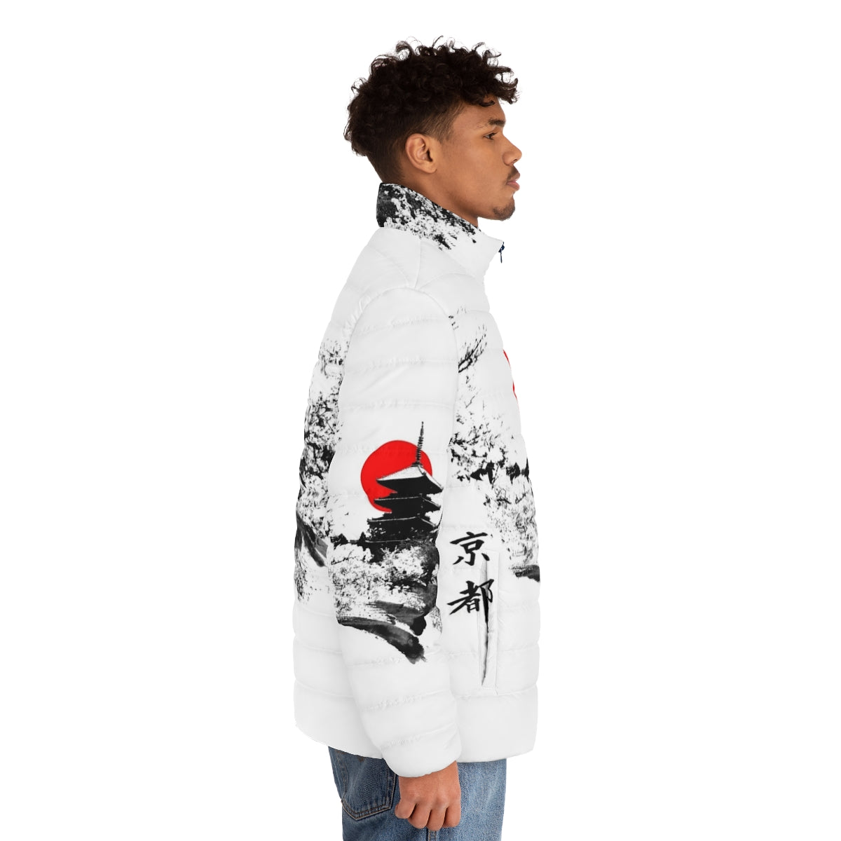 Japan Kyoto Puffer Jacket with Japanese Landmarks and Fashion Icons - men side right