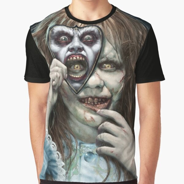 Exorcist Regan's Game Graphic T-Shirt featuring the possessed character from the horror movie