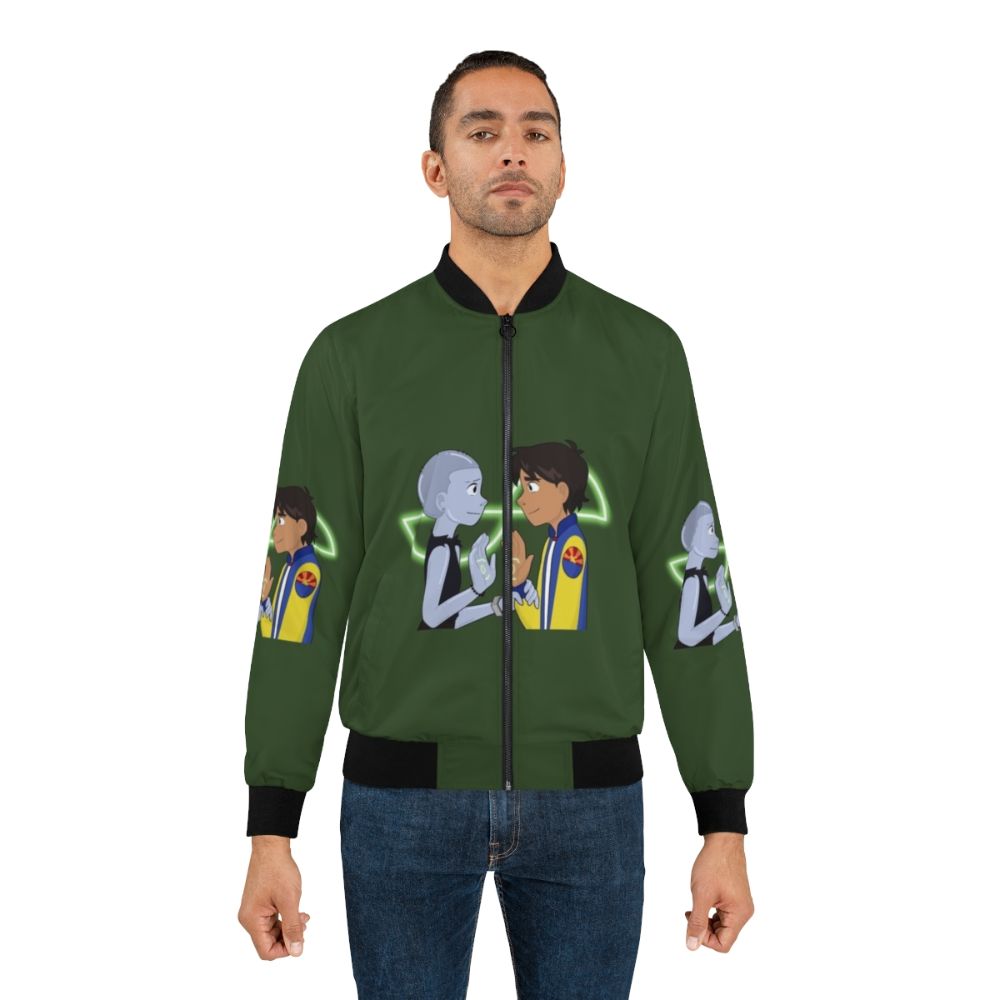 Infinity Train inspired bomber jacket featuring the Mirror Tulip design from the Cartoon Network series - Lifestyle