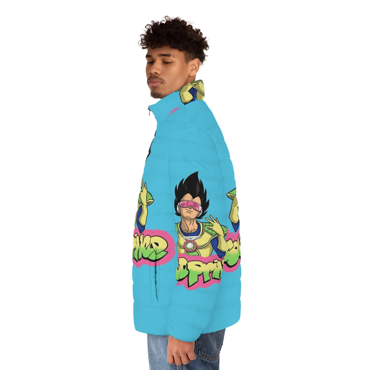 Proud Prince Puffer Jacket with Dragonball Anime Inspired Design - men side left