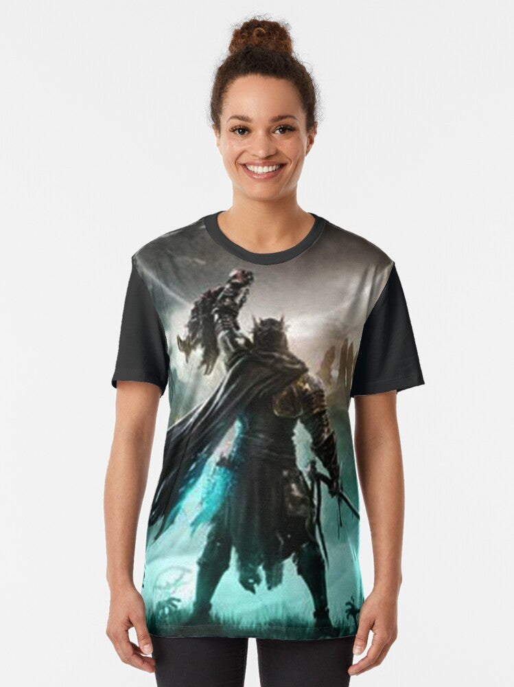 Elden Ring video game inspired graphic t-shirt featuring dark souls-style fantasy design. - Women