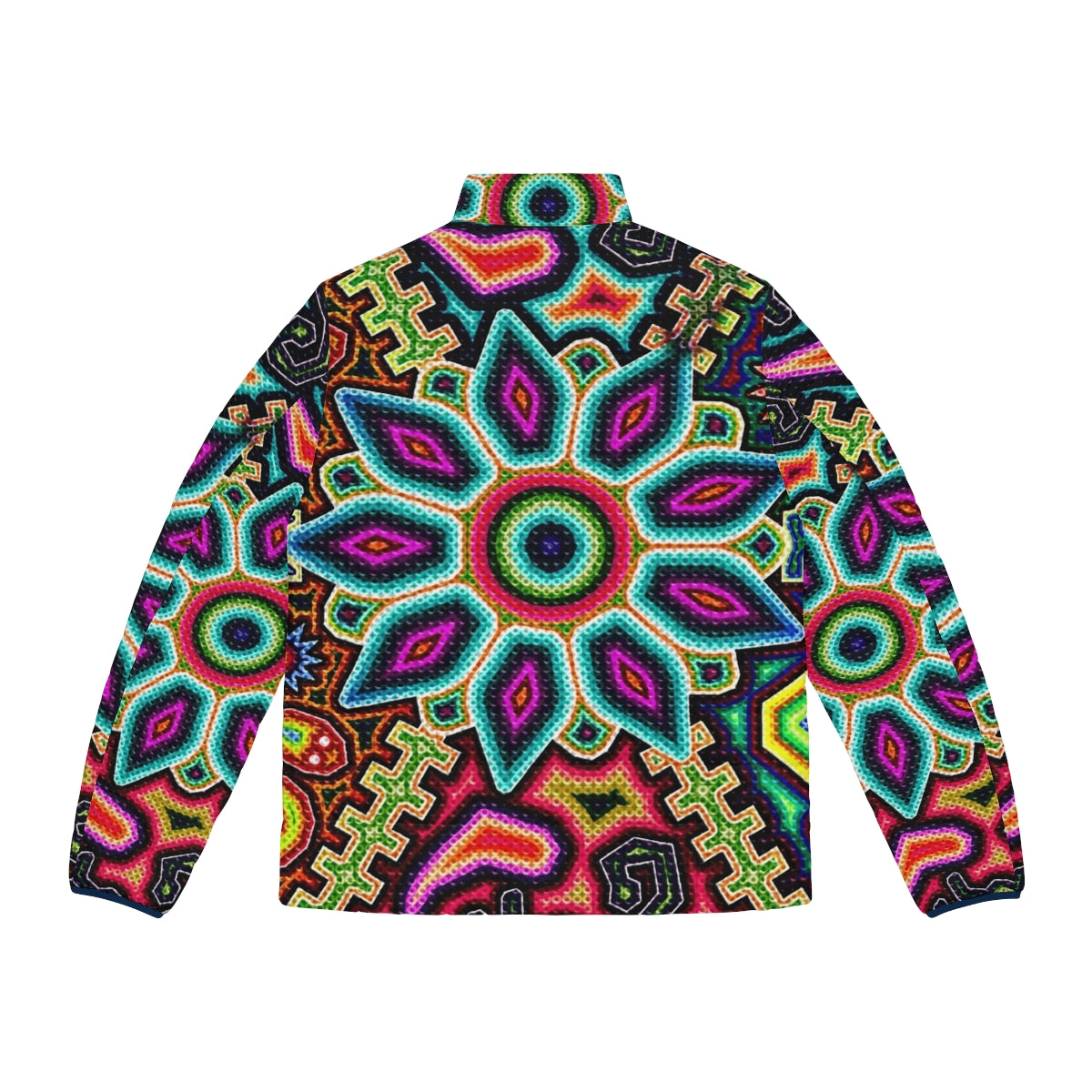 Huichol Art Mexico Puffer Jacket with Vibrant Colors and Traditional Designs - Back