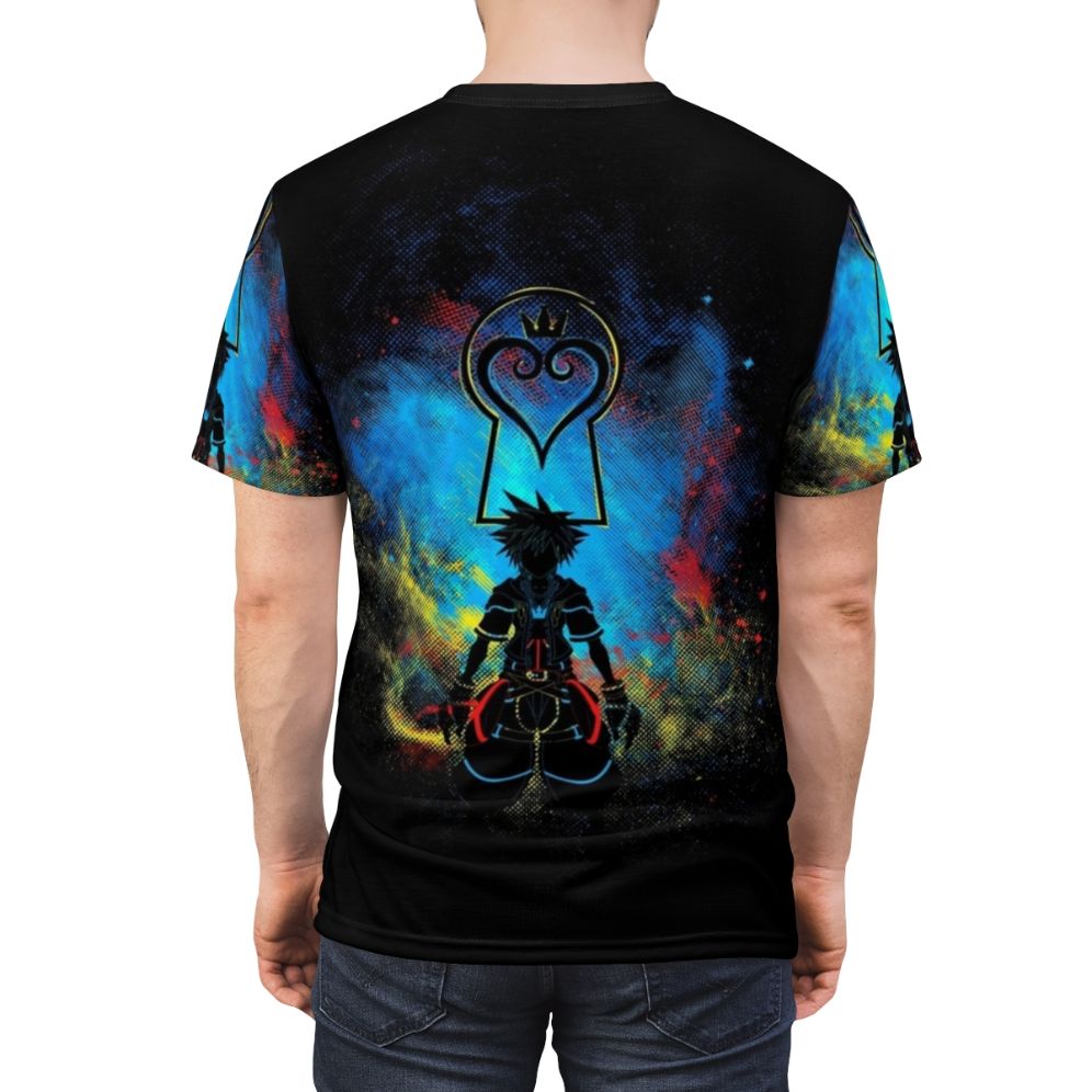 Stylized kingdom-inspired fan art design on a t-shirt featuring Sora and other elements from the Kingdom Hearts video game series. - men back