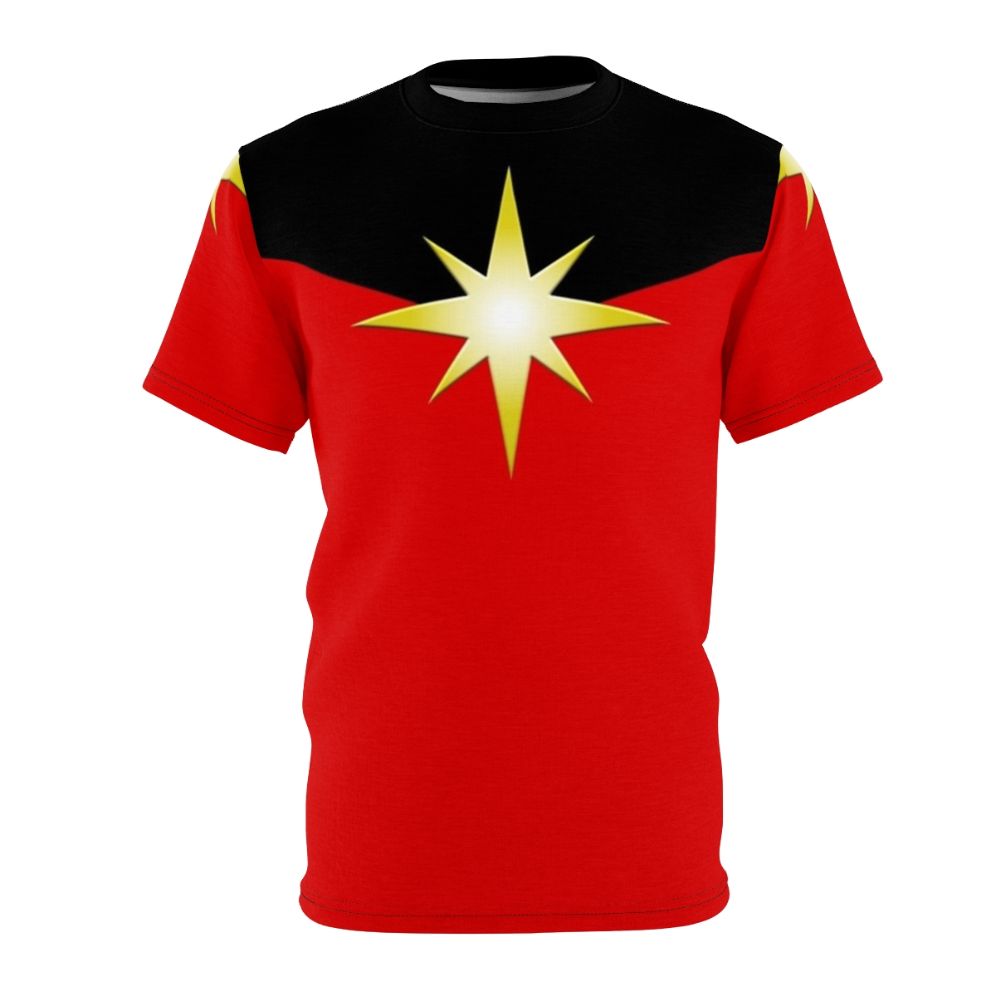 A t-shirt featuring a striking cosmic star design in golden and metallic tones, with sci-fi and superhero inspired elements.