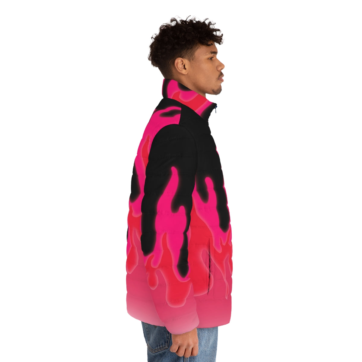 Reddish pink puffer jacket with vibrant flames pattern - men side right