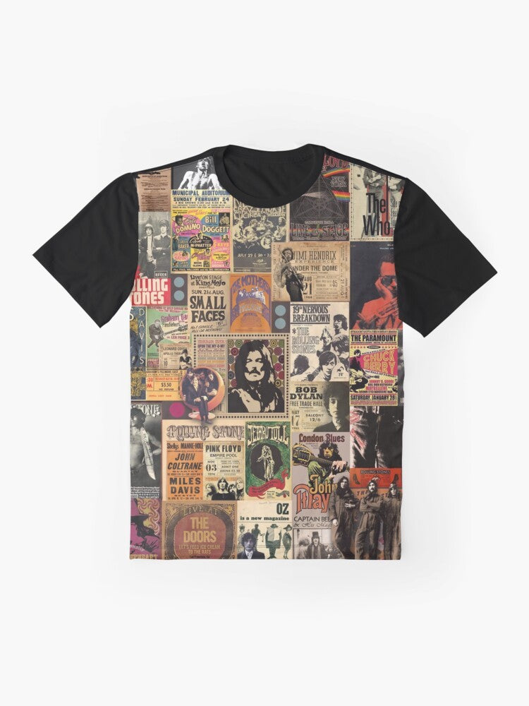 Rock and Roll Graphic T-Shirt featuring a colorful collage design with musical elements - Flat lay