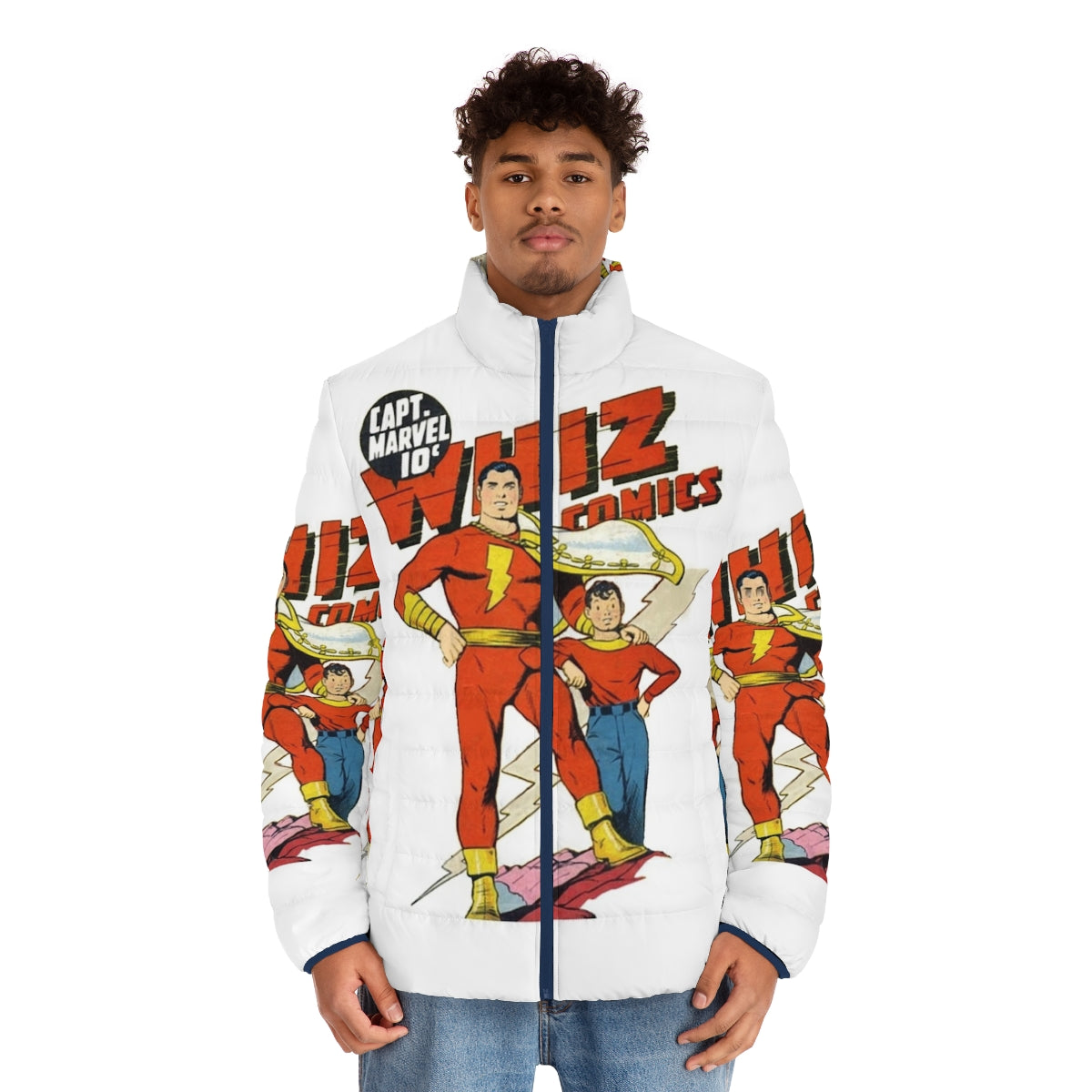 Golden age comic book superhero puffer jacket - men front