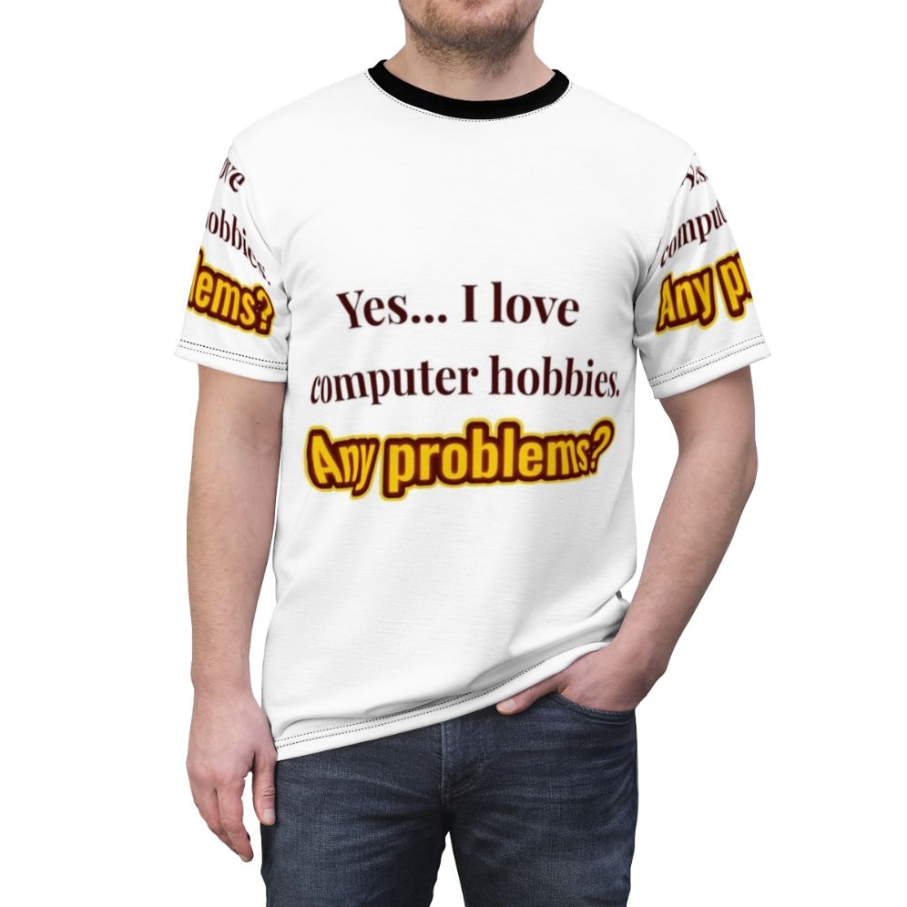 Person wearing a t-shirt with a computer hobbies design - men front