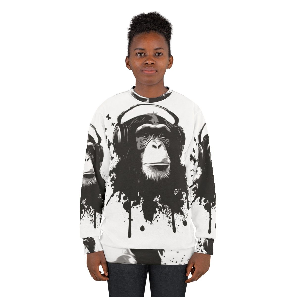 Stylish monkey business sweatshirt with vibrant splatter pattern and animal graphics - women