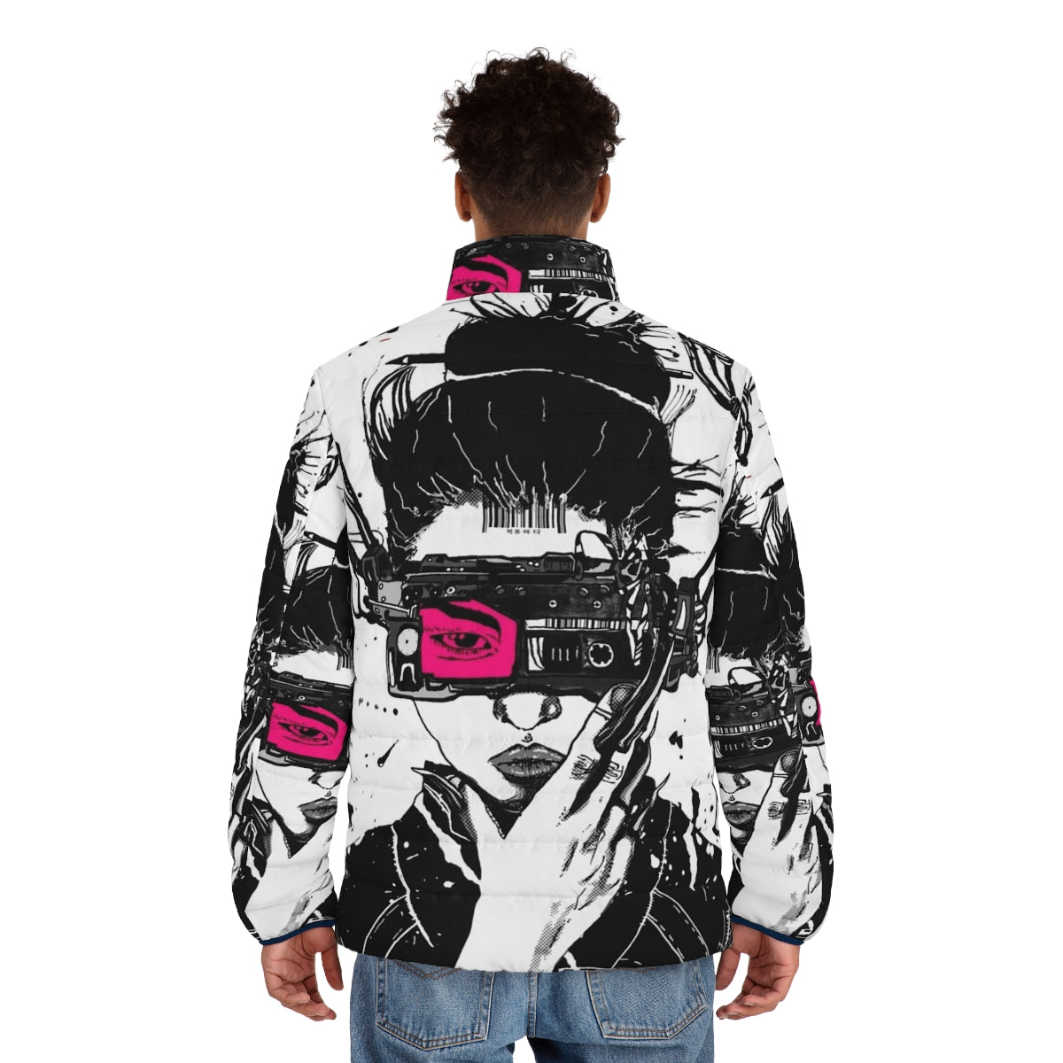 Cyberpunk vaporwave puffer jacket with futuristic urban style - men back