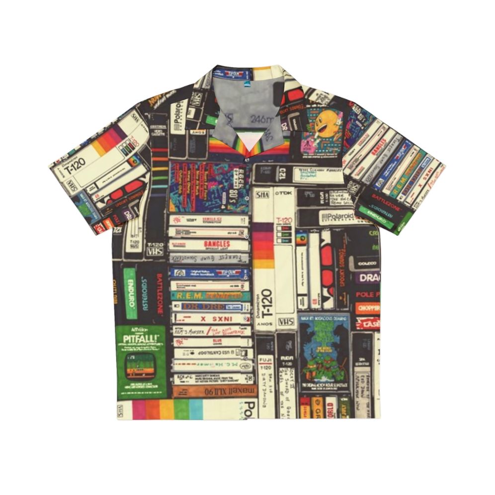 Retro 80s Hawaiian Shirt with Vintage Cassette and VHS Print