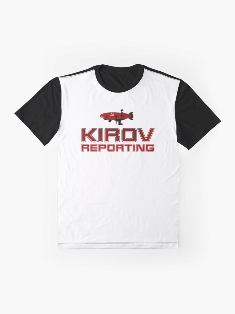 A minimalist graphic t-shirt design with the text "Kirov Reporting" in a simple typographic style, evoking the classic video game Red Alert. - Flat lay