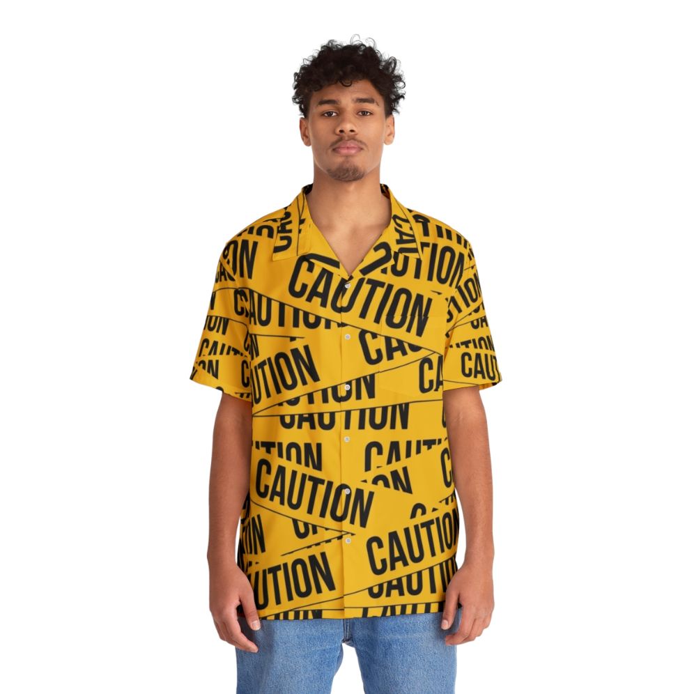 Caution Hawaiian Shirt with Yellow Tape and Danger Symbols - People Front