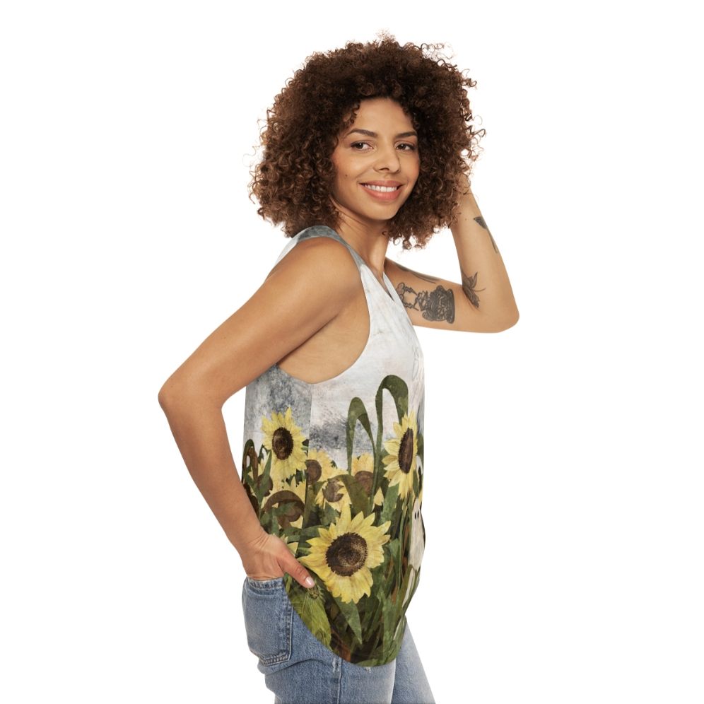 Vintage ghost in a sunflower field unisex tank top - women side