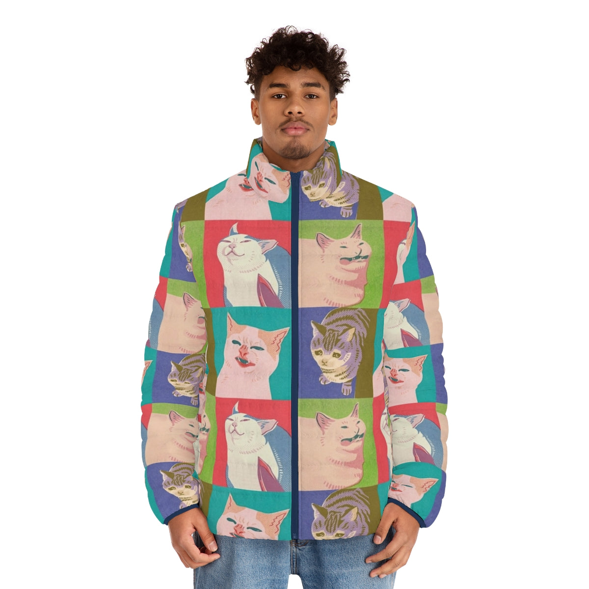 Four meme cats of the apocalypse on a puffer jacket with pop art design - men front