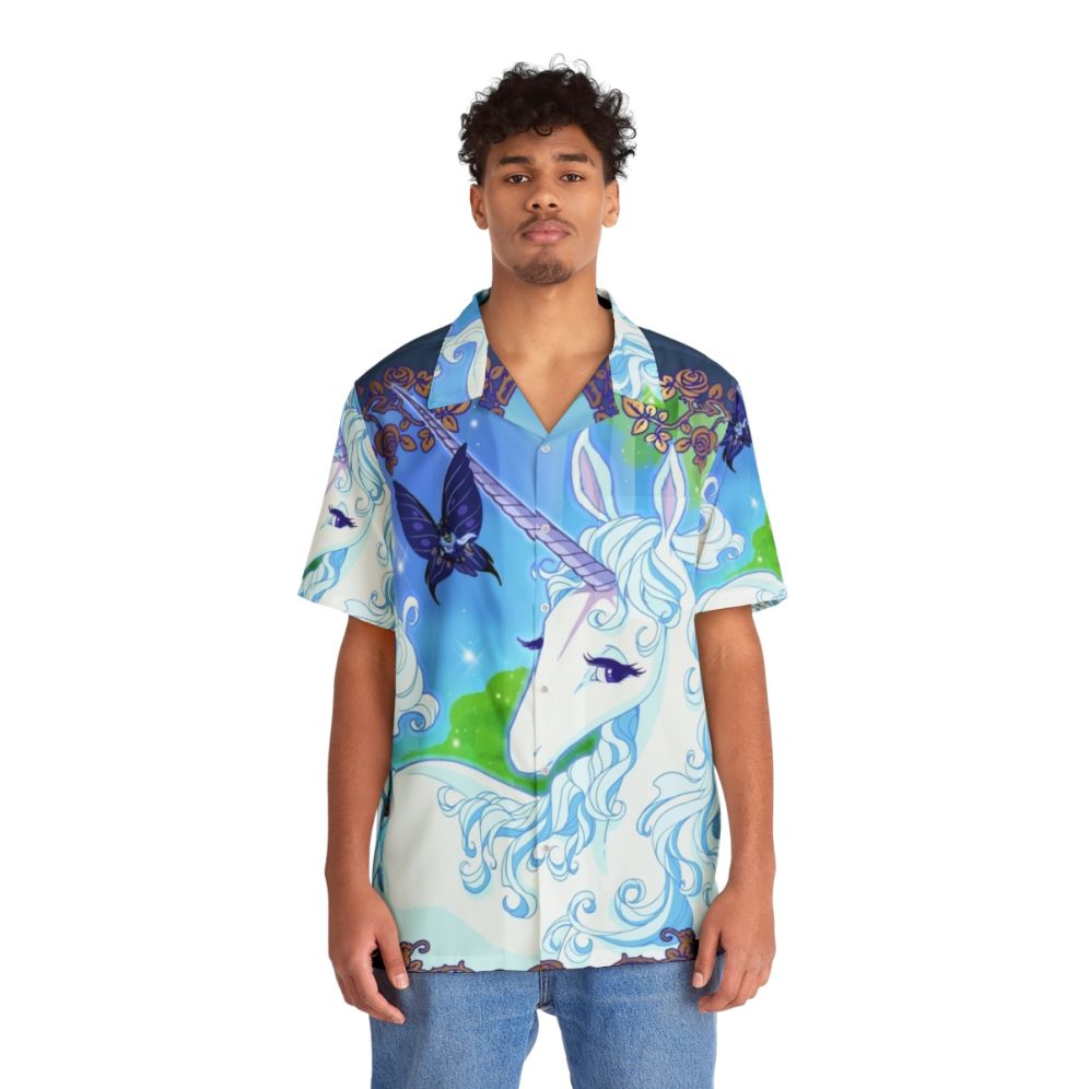 Tropical hawaiian shirt with fantasy unicorn design - People Front