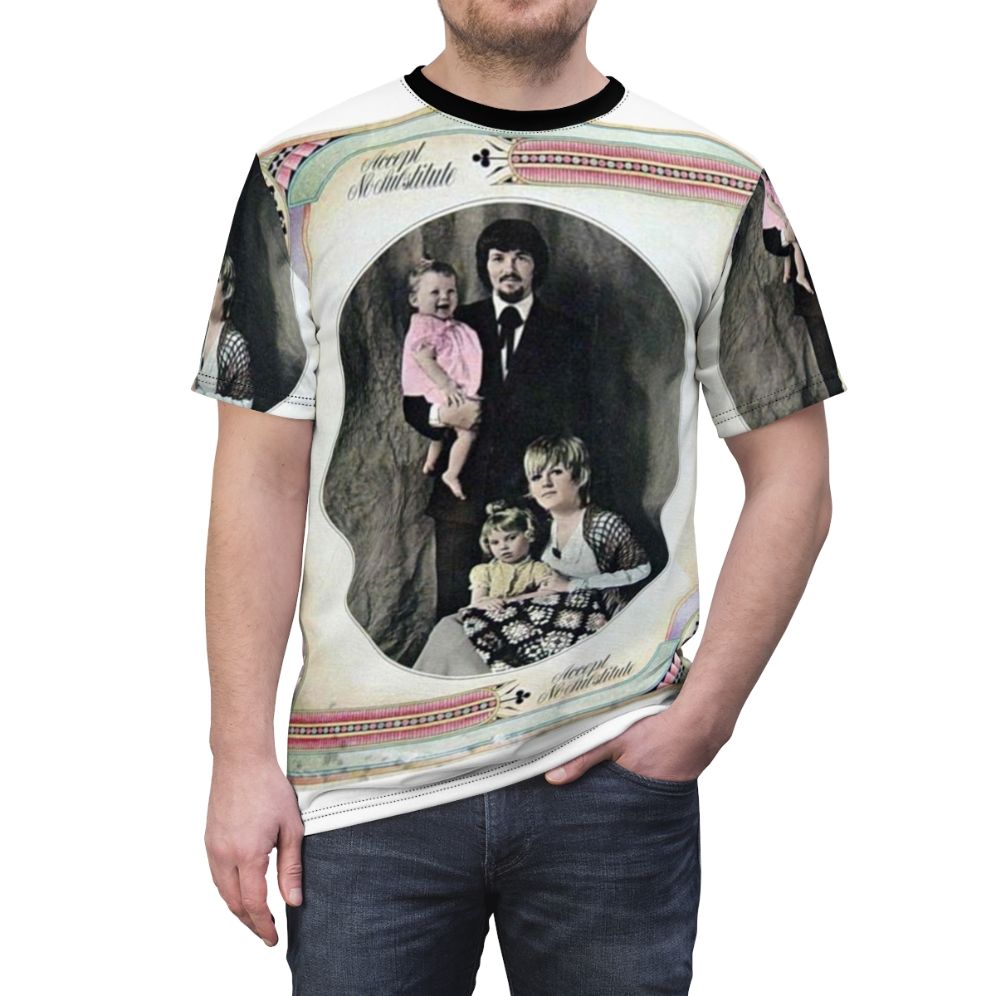 Delaney Bonnie-inspired all-over print t-shirt featuring a collage of music genres including funk, soul, blues, folk, and country - men front