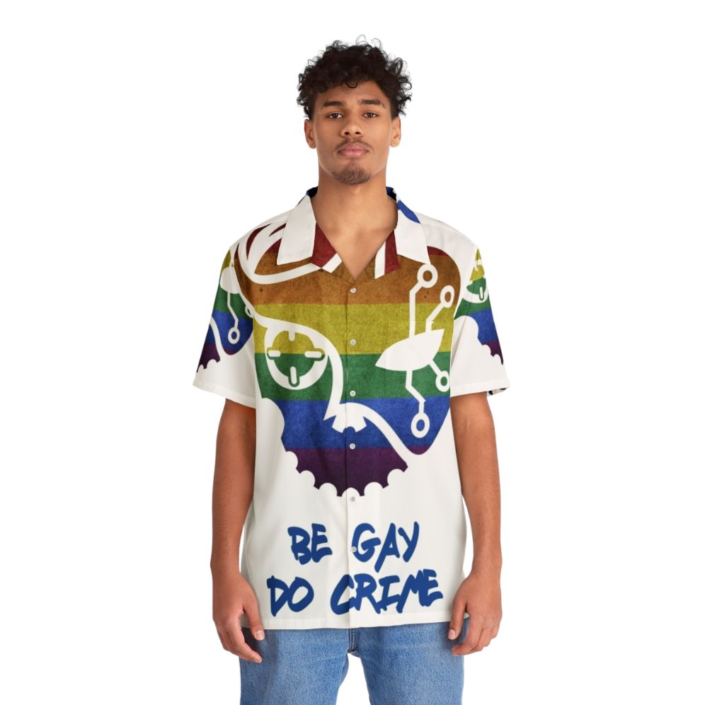 Colorful Hawaiian-style shirt with 'Be Gay, Do Crime' slogan for LGBTQ+ pride - People Front