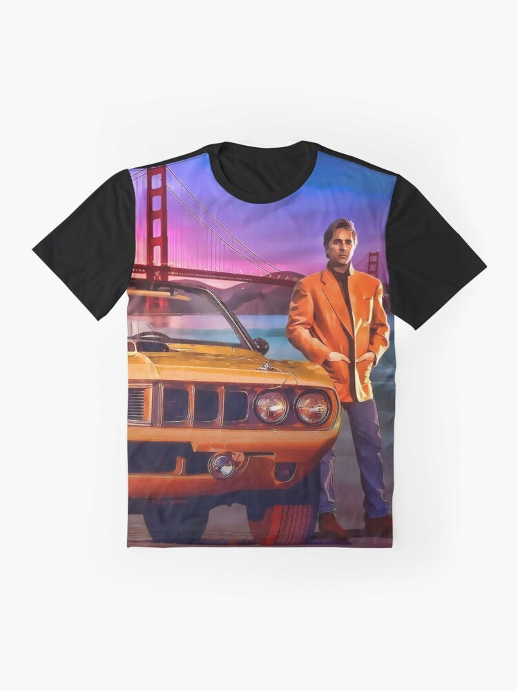 Nash Bridges San Francisco Graphic T-Shirt with Vintage Police Car, Golden Gate Bridge, and Sunset - Flat lay