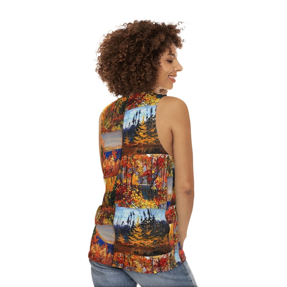 Unisex tank top featuring autumn foliage inspired by Canadian artist Tom Thomson - women back