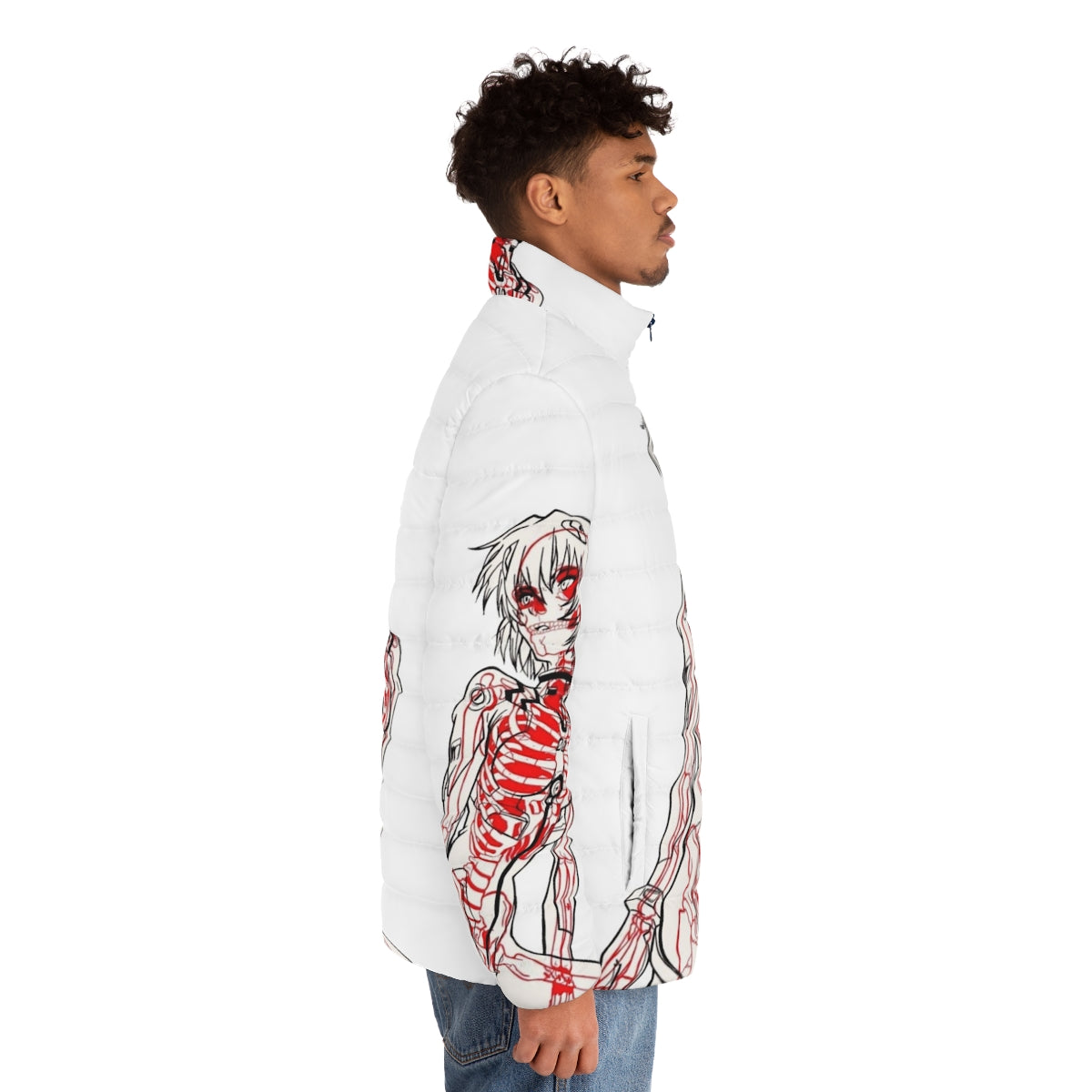 Rei Ayanami Neon Genesis Evangelion inspired puffer jacket featuring Eva Unit 01 design - men side right