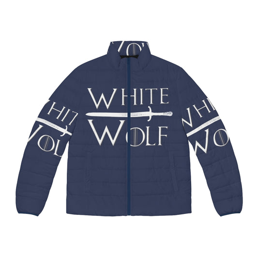 White wolf puffer jacket with direwolf details for Game of Thrones fans