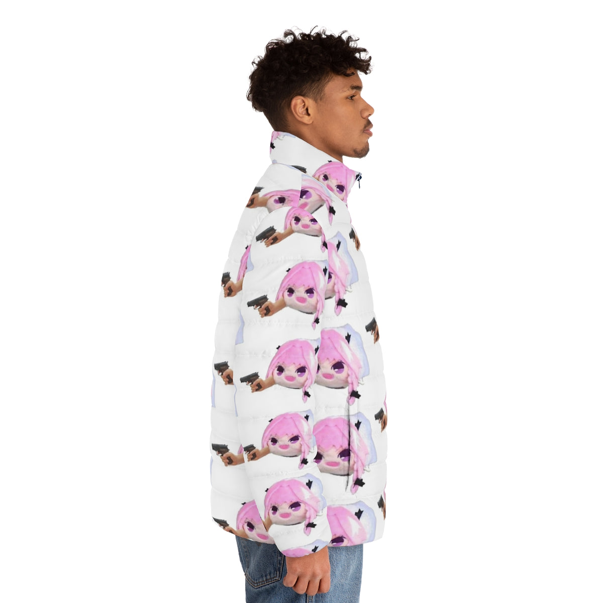 Haunted anime-inspired plushie puffer jacket with gun, perfect for meme and shitpost enthusiasts. - men side right