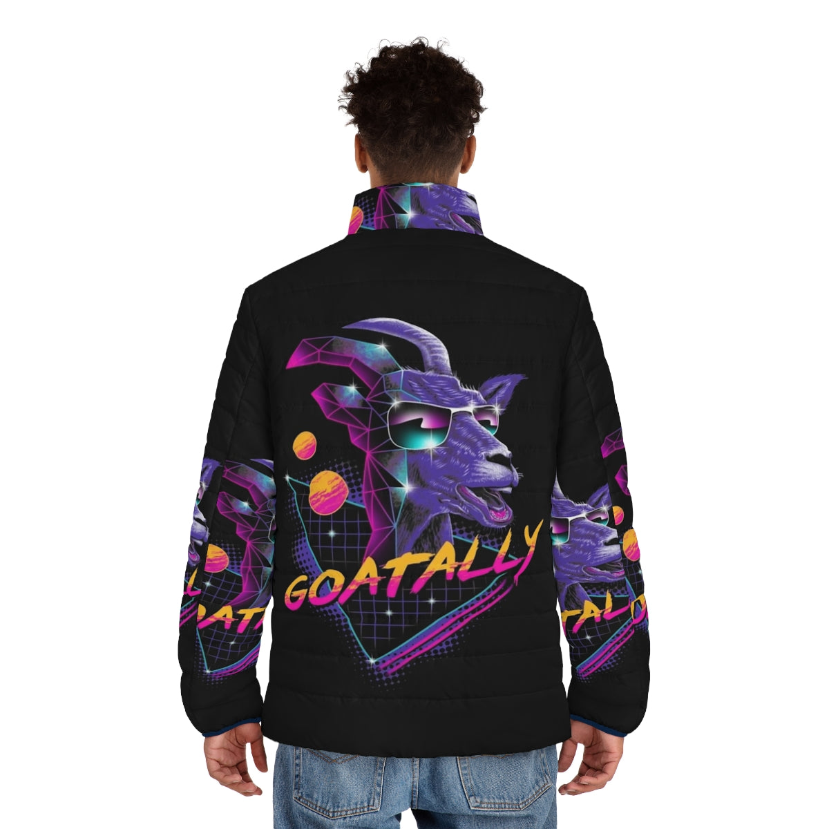 Goatally Puffer Jacket - A neon retro puffer jacket featuring a goat graphic for the ultimate synthwave style - men back