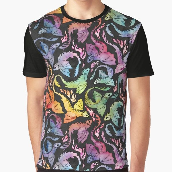 Dark rainbow dragon fire graphic t-shirt with a mythical, watercolor design