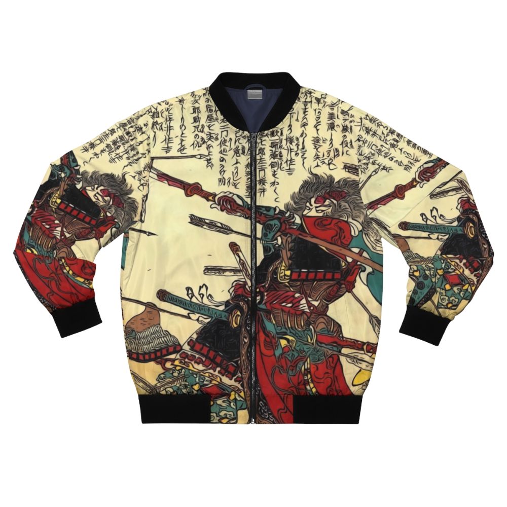 Samurai warrior wearing a bomber jacket with a martial arts-inspired face mask design