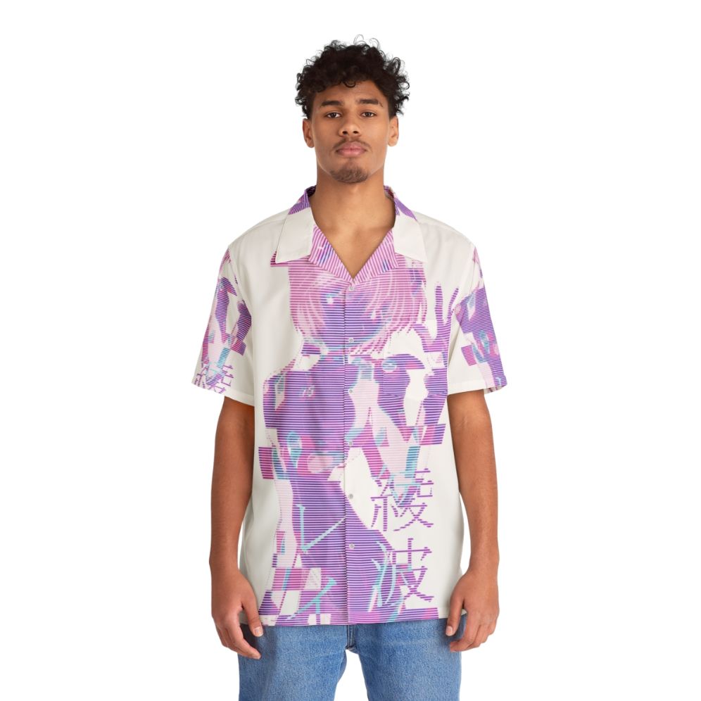 Anime-inspired Vaporwave Hawaiian Shirt featuring Rei Ayanami glitch graphics - Lifestyle