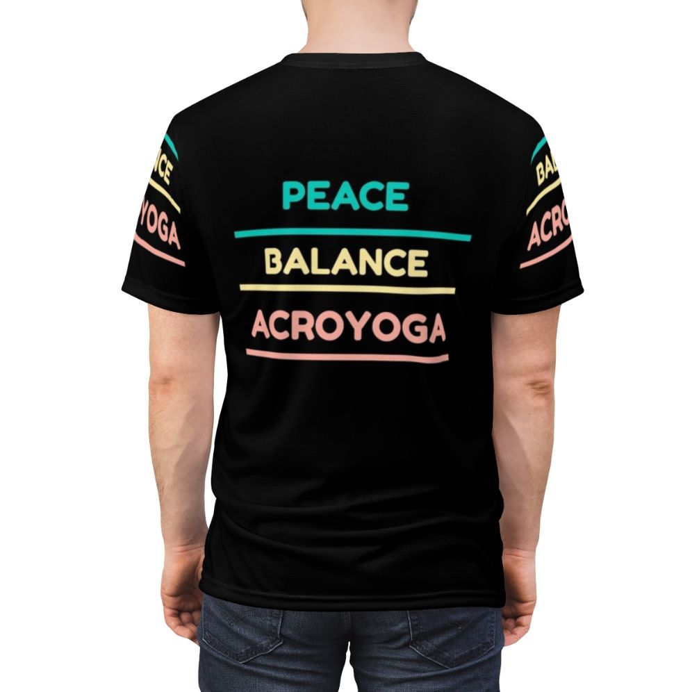 Colorful abstract design with "Peace Balance Acroyoga" text on a high-quality t-shirt - men back