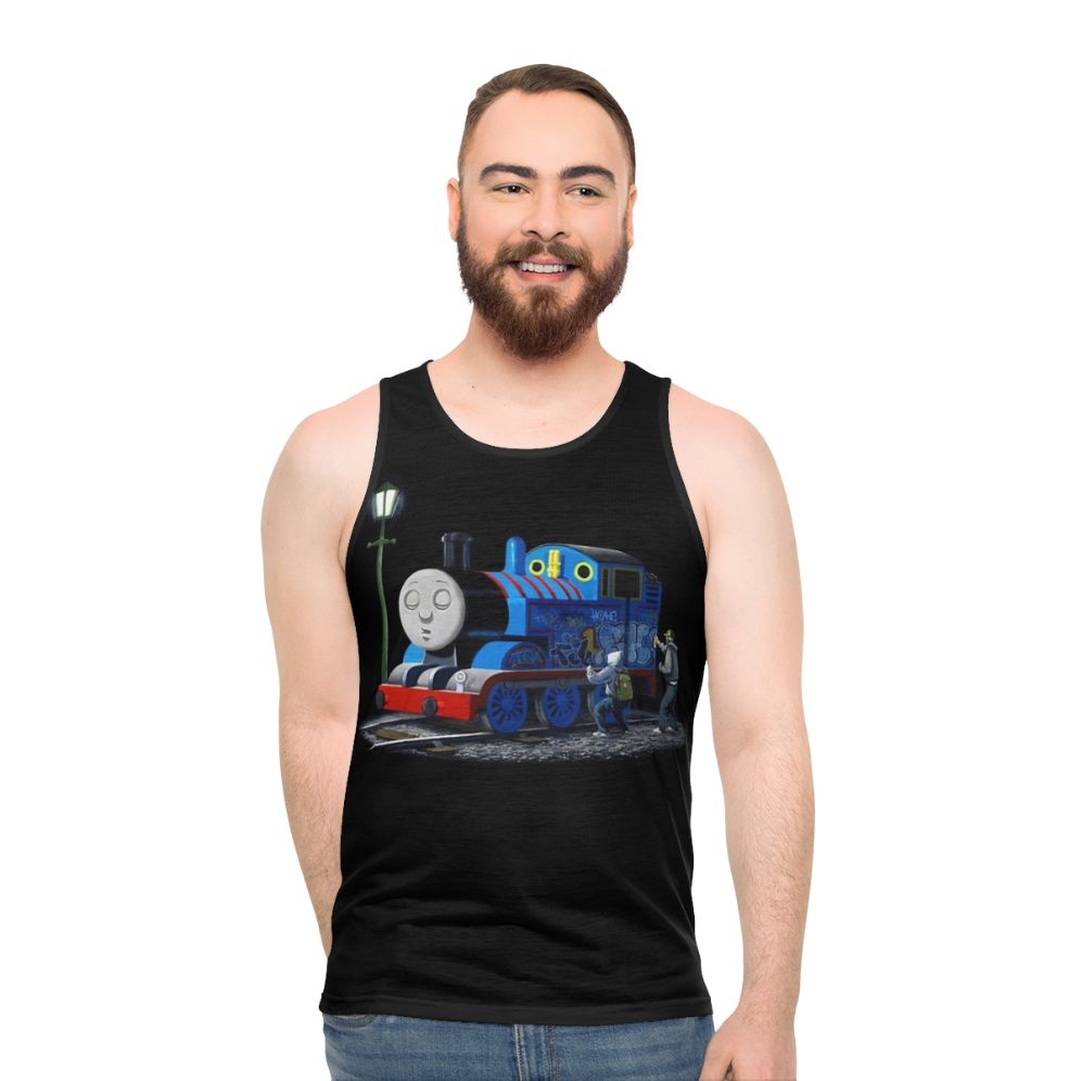 Banksy-inspired Thomas the Tank Engine graffiti unisex tank top - men