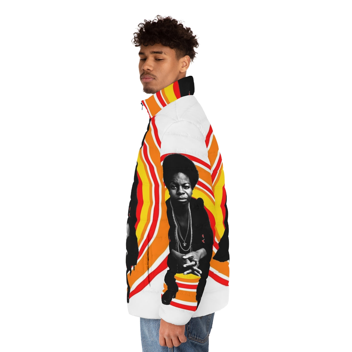 Retro puffer jacket featuring a portrait of jazz singer and pianist Nina Simone - men side left