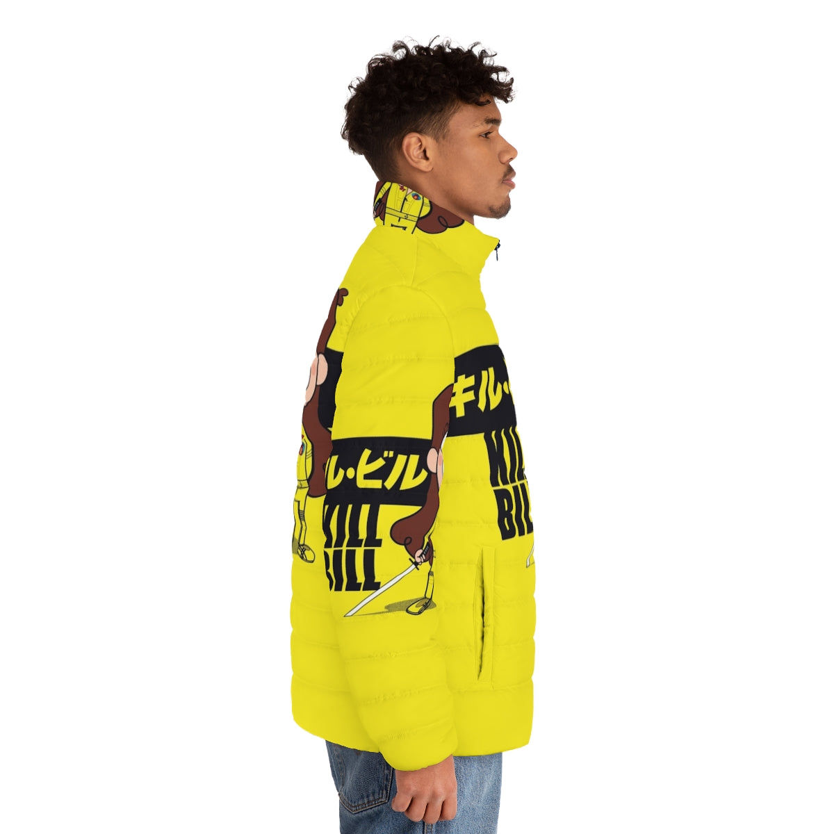 A stylish puffer jacket featuring iconic elements from the Kill Bill franchise and Gravity Falls universe - men side right